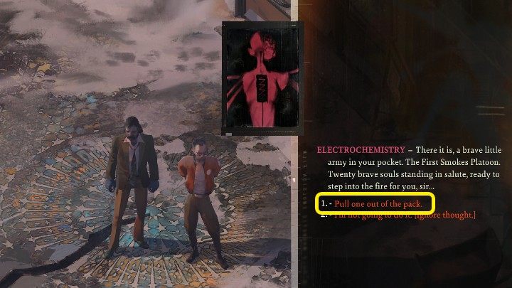 A floating ball of pink will appear above Harrier's head, indicating the Electro-Chemistry skill - Disco Elysium: Drugs - Basics - Disco Elysium Guide