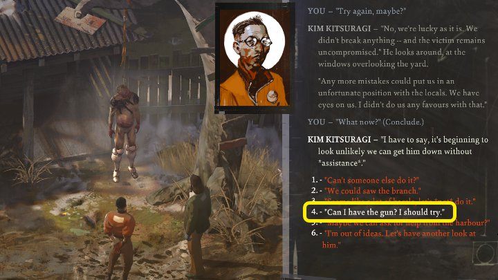 Kim's attempt sadly fails, so you need to take matters into your own hands - select the dialog option Can I have the gun - Disco Elysium: Getting the body down - walkthrough - Body identification - Disco Elysium Guide