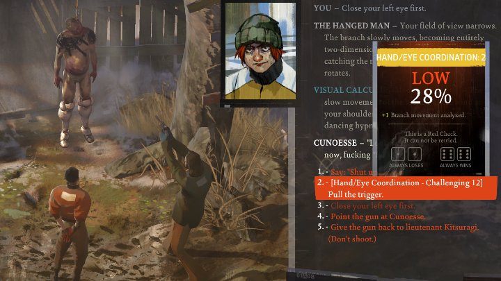 Shooting the body down requires passing the Hand/Eye Coordination check, which can be really difficult if Harrier's hand-eye coordination is poor - Disco Elysium: Getting the body down - walkthrough - Body identification - Disco Elysium Guide