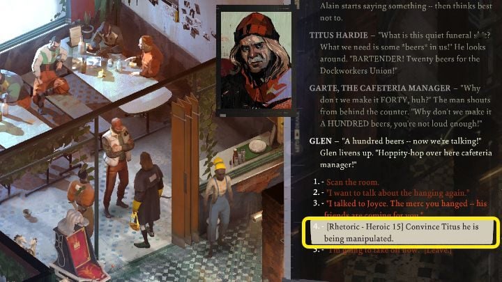 Titus will tell you the whole truth of the mercenary's death only after passing a heroic Rhetoric test - Disco Elysium: Get the whole story from Titus - guide - Motive - Disco Elysium Guide