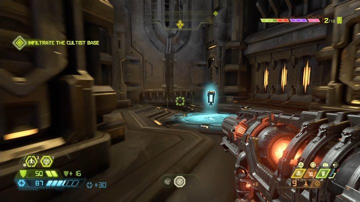 Immediately after unlocking a new part of the map, you will find the battery behind the drawbridge - Doom Eternal: Cultist Base secrets maps and location - Collectibles and secrets - Doom Eternal Guide