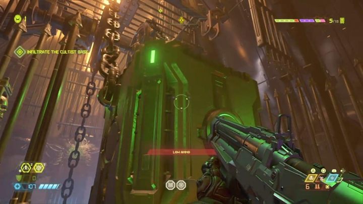 Defeat the demons in the corridor and stand on the green button to open a further passage - Doom Eternal: Cultist Base walkthrough - Levels walkthrough - Doom Eternal Guide