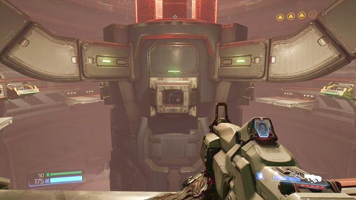 There you must wait for another moving tunnel (it will appear at the edge of the moving platform) and run through it to the middle of the tower - Argent Energy Tower | Walkthrough - Walkthrough - Doom Game Guide & Walkthrough