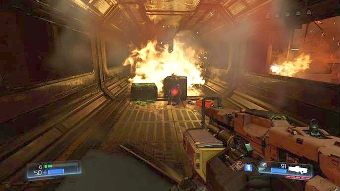 Walk forward and you will notice a ruined corridor below - Destroyed Argent Facility | Walkthrough - Walkthrough - Doom Game Guide & Walkthrough