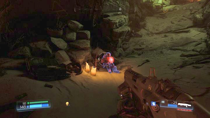 Behind the door you will find the first Elite Guard and a rock shining in green which is also a Log - Kadingir Sanctum | Walkthrough - Walkthrough - Doom Game Guide & Walkthrough