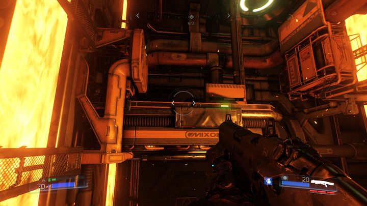 After collecting valuable upgrade go back to the place with the lava and start climbing up, following the green lights - Foundry | Walkthrough - Walkthrough - Doom Game Guide & Walkthrough
