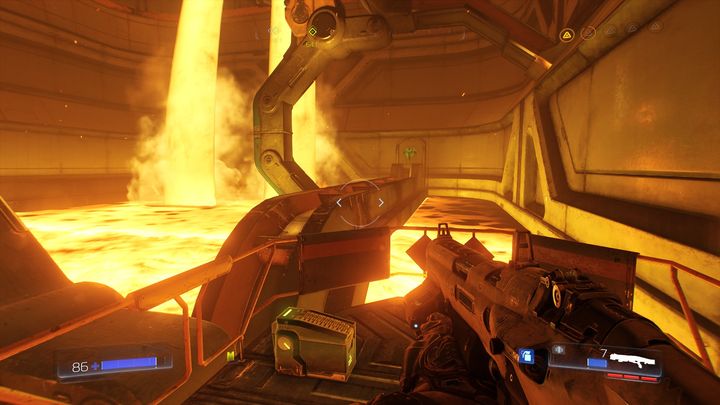 Go through the sidewalks above the lava after destroying the next and defeating the last enemy - Foundry | Walkthrough - Walkthrough - Doom Game Guide & Walkthrough