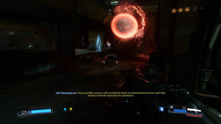Once you have the new pass, jump down the ruined stairs and open the first blue door - Foundry | Walkthrough - Walkthrough - Doom Game Guide & Walkthrough