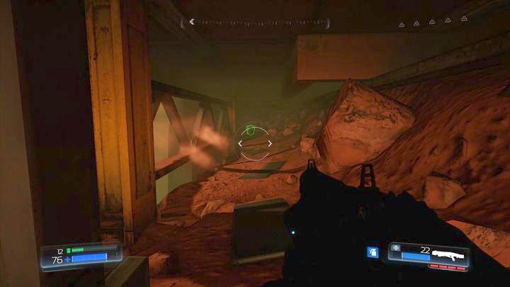Behind the door you must jump one floor below through the gap in the barrier - Argent Facility | Walkthrough - Walkthrough - Doom Game Guide & Walkthrough