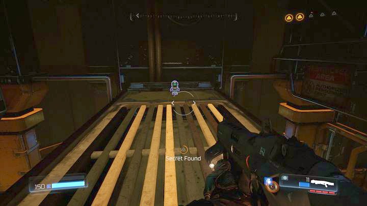 Use them to climb up and then jump on the ledge above the lamps hanging under the ceiling - Argent Facility | Walkthrough - Walkthrough - Doom Game Guide & Walkthrough