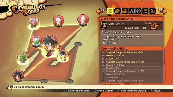 Sie können das Community-Board bearbeiten und die während der Community erhaltenen Seelenembleme platzieren  DBZ Kakarot-Grundlagen – Grundlagen – Dragon Ball Z Kakarot-Leitfaden