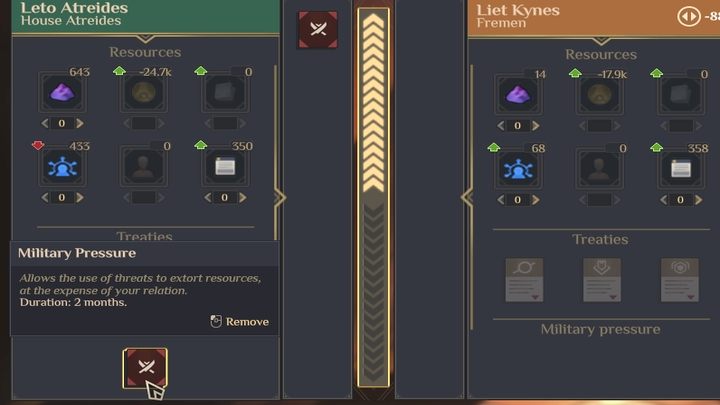 Military pressure is a special skill that you can unlock by doing research in the Military tree (red) - Dune Spice Wars: Trade, Exchange, and Treaties - Basics - Dune Spice Wars Guide