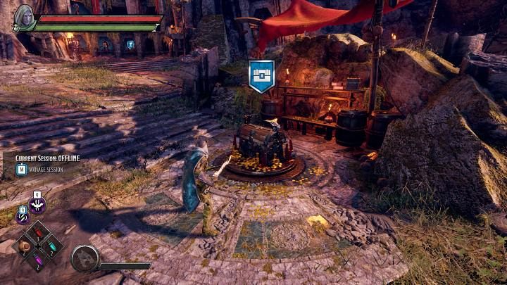 The wooden crate at Kelvin's Cairn Camp holds all the loot you've managed to get during your mission - Dark Alliance: Kelvins Cairn Camp - Basics - Dark Alliance Guide