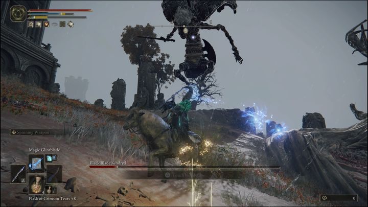 The boss will often fly up into the air and attack with white weapon As soon as you see that he rises into the air, quickly head the other way on your mount and use, for example, Magic Glintblade or Glimstone spell - Elden Ring: Black Blade Kindred - boss, how to beat? - Greyoll Dragon Barrows - Elden Ring Guide