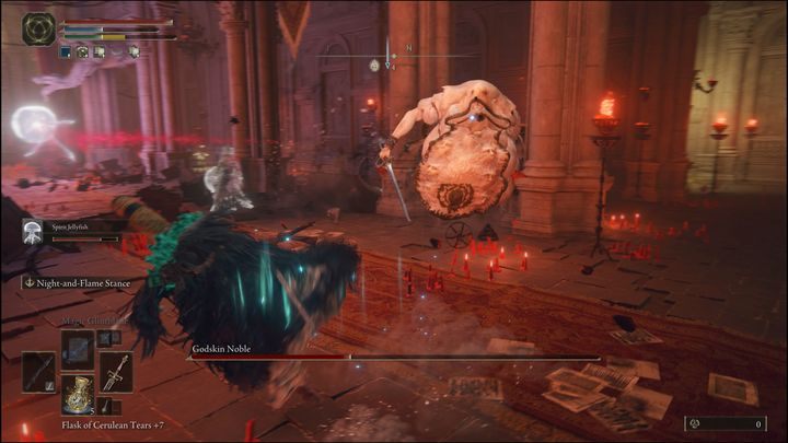 When the boss starts to approach you, try to run away from him, and hide behind the columns - Elden Ring: Godskin Noble - boss, how to beat? - Volcanic mansion - Elden Ring Guide