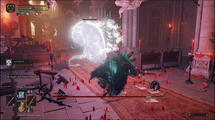 The biggest problem will be the boss's increased size and his rolling attack towards you - Elden Ring: Godskin Noble - boss, how to beat? - Volcanic mansion - Elden Ring Guide