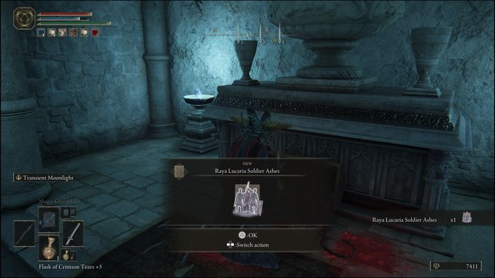 The ashes are stored in a chest in Road's End Catacombs - Elden Ring: Ashes of War and Spirit Ashes (Liurnia of the Lakes)- list of all - Liurnia of the Lakes - Elden Ring Guide