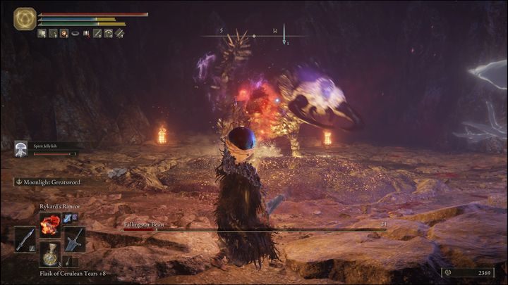 In addition to the linear charge, which it uses several times, the boss can stick its head into the ground, then launch a few boulders at you - Elden Ring: Fallingstar Beast - boss, how to defeat? - Caelid - Elden Ring Guide