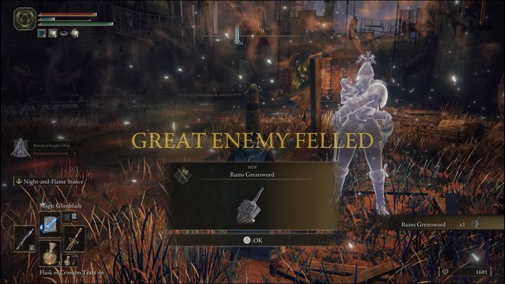 For defeating the boss version in Redmane Castle, you will receive the Ruins Greatsword and 16,000 Runes - Elden Ring: Leonine Misbegotten - boss, how to beat? - Weeping Peninsula - Elden Ring Guide
