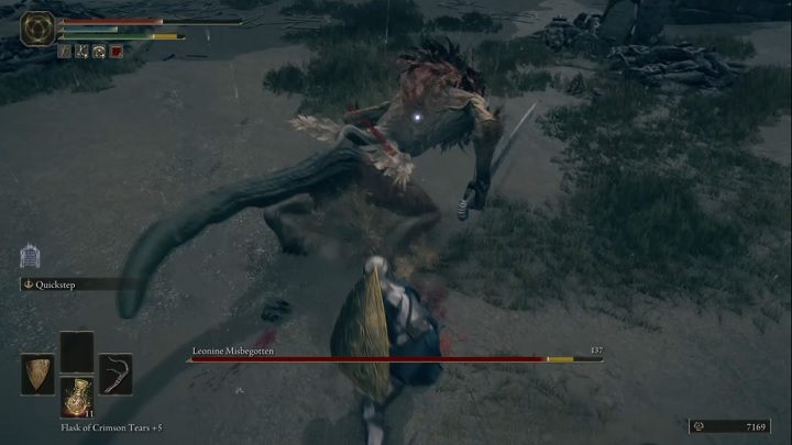 When he grabs his sword with both hands, it means he will slow down a bit, although he will deal more severe damage at the same time - Elden Ring: Leonine Misbegotten - boss, how to beat? - Weeping Peninsula - Elden Ring Guide