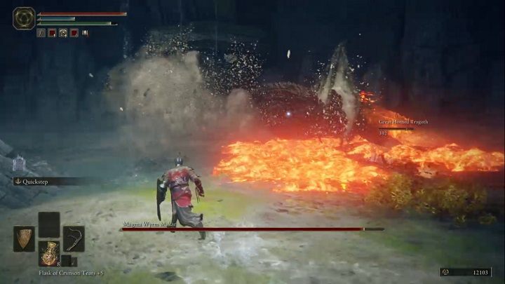 in one of his attacks the enemy charges forward and breathes fire - Elden Ring: Magma Wyrm Makar - boss, how to beat? - Liurnia of the Lakes - Elden Ring Guide
