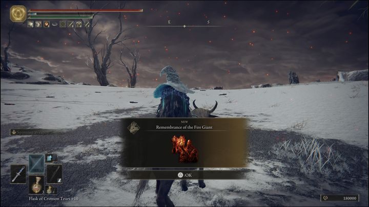 For defeating the Fire Giant, you will receive Runes (180,000) and Remembrance of the Fire Giant - Elden Ring: Fire Giant - boss, how to beat? - Giant Mountain Peaks - Elden Ring Guide