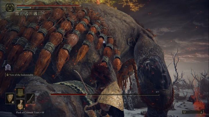 The rest of the fight try to stay close to his right thigh - Elden Ring: Fire Giant - boss, how to beat? - Giant Mountain Peaks - Elden Ring Guide