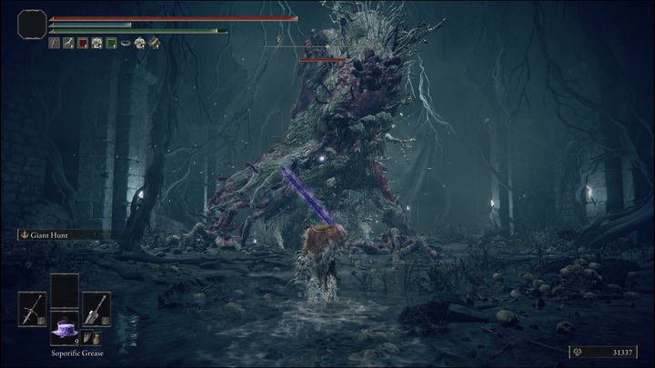 By jumping down again, you will have to fight an opponent, a tree spirit in the form of a humanoid enemy - Elden Ring: Sorcerer Rogier - walkthrough - Quests - Elden Ring Guide