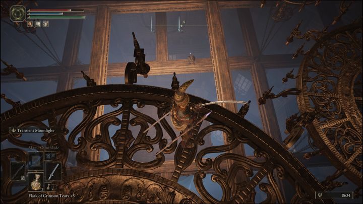 As you find yourself on the chandelier, you must safely reach the wooden beams below - Elden Ring: Ranni questline - walkthrough - Quests - Elden Ring Guide