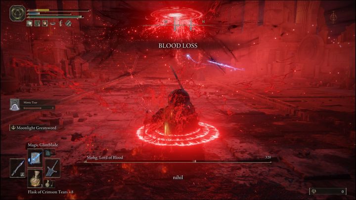 When the boss's health drops to around 50%, and you have three red circles around your character, he will start chanting the word Nihil three times - Elden Ring: Mohg, Lord of Blood - boss, how to beat? - Siofra River - Elden Ring Guide