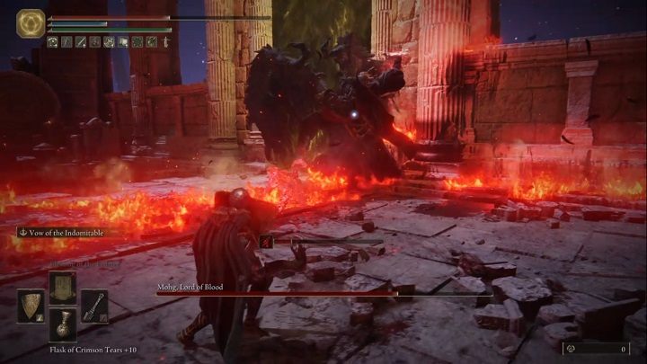 The second stage of the fight is particularly demanding - the opponent sprays a lot of fire all over the arena - Elden Ring: Mohg, Lord of Blood - boss, how to beat? - Siofra River - Elden Ring Guide