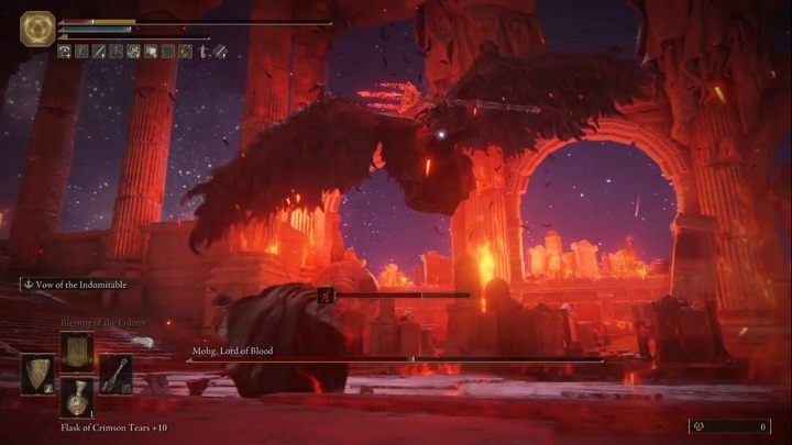 The enemy often rises into the air, spreads bloodflame in front of him, and then lands with a powerful weapon swing - Elden Ring: Mohg, Lord of Blood - boss, how to beat? - Siofra River - Elden Ring Guide