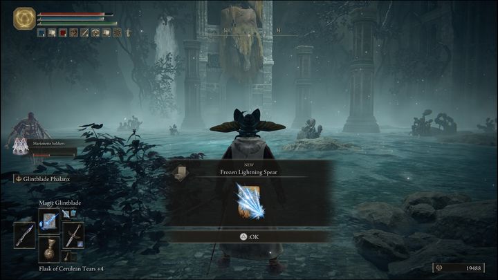 For defeating the Dragonkin Soldier of Nokstella, you will receive Runes (12,000) and the Frozen Lightning Spear incantation - Elden Ring: Dragonkin Soldier of Nokstella boss battle - how to defeat? - Ainsel River - Elden Ring Guide