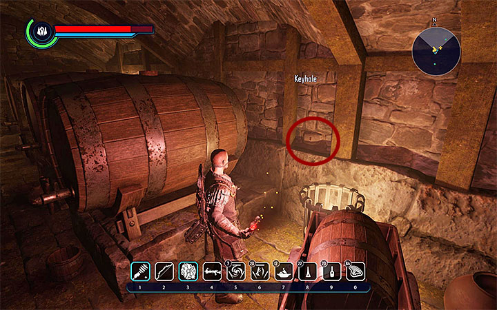Find one of the two entrances that lead to the basement, located under the tavern, and enter the main room (the one with big barrels) - On Behalf of the Claws - Walkthrough of Abessa - Abessa - Elex Game Guide