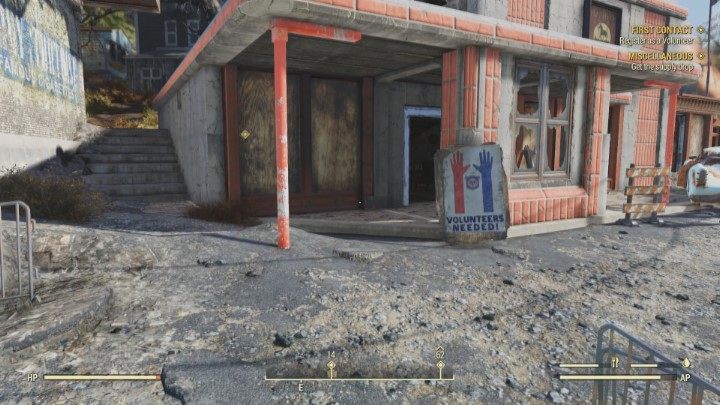 Go to the building with a Volunteers Needed! poster. - First Contact - Fallout 76 Walkthrough - Main missions - Fallout 76 Guide