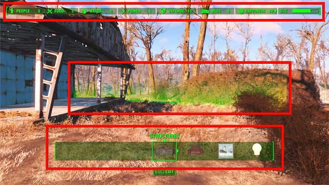 The pointers shown in the upper part of the screen show the basic statistics of the settlement which depend on how far developed the location is - Crafting - basics - Creating settlements - Fallout 4 Game Guide & Walkthrough