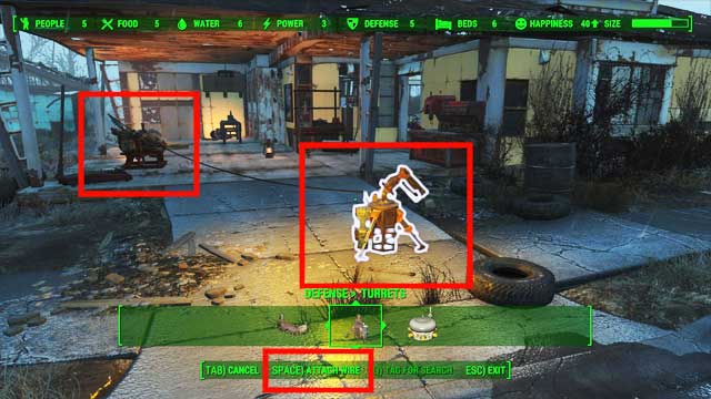 The power line was lead from the generator that can be seen on the left to the guard outpost. The white contour signalize that the cable can be connected. - Crafting - basics - Creating settlements - Fallout 4 Game Guide & Walkthrough