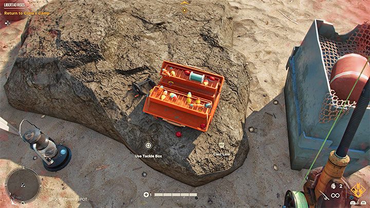 Bevor Sie mit dem Angeln beginnen, finden Sie in der Nähe des Angelplatzes eine Kiste, in der Sie die richtige Ausrüstung für eine bestimmte Fischart auswählen können – Sie müssen Ihre Angelrute modifizieren – Far Cry 6: Jagen und Angeln – Grundlagen – Far Cry 6 Leitfaden