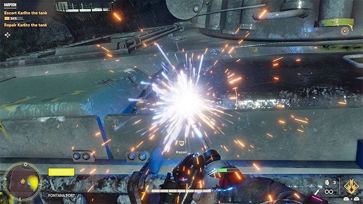The tank's health bar can be seen in the upper left corner of the screen, but you can increase the health level throughout the battle - Far Cry 6: Harpoon - walkthrough - El Este - Far Cry 6 Guide