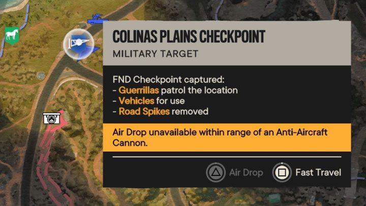 Leider kann das Spiel die Luftabwurfoption blockieren, wenn sich in der Nähe ein Flugabwehrgeschütz befindet – Far Cry 6: Fast Travel – wie kann man es freischalten und verwenden?  - FAQ – Far Cry 6-Leitfaden