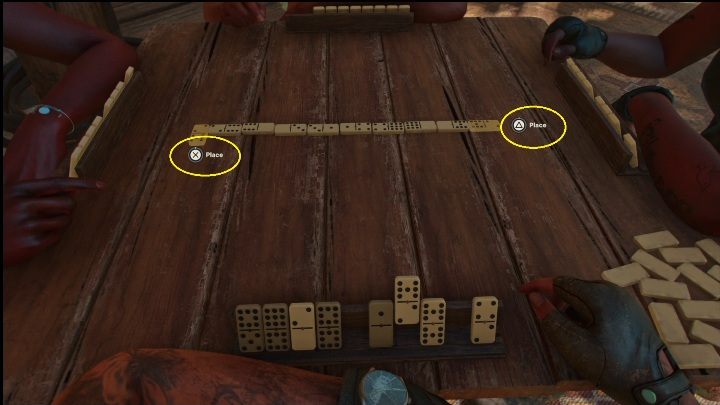 Wenn ein Plättchen an beiden Enden der Kette übereinstimmt, erscheinen zwei Schaltflächen auf dem Tisch – Far Cry 6: Minispiele – Dominosteine ​​und Hahnenkämpfe – Grundlagen – Far Cry 6 Guide