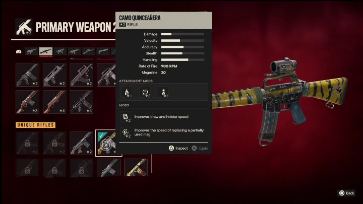 Special Features: Camo Quinceanera is a rifle that has the following modifications - Far Cry 6: Rifles, Unique weapons - list - Unique weapons - Far Cry 6 Guide