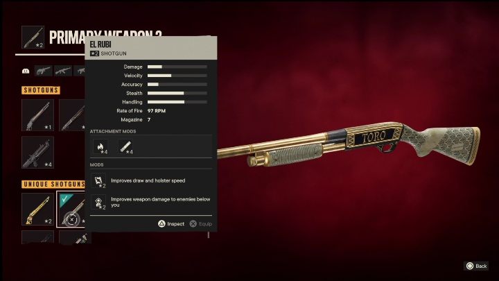 Special Features: El Rubi is a shotgun that has the following modifications - Far Cry 6: Shotguns, Unique weapons - list - Unique weapons - Far Cry 6 Guide