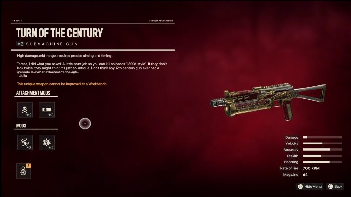 Special Features: Turn of the Century is a submachine gun initially modified with - Far Cry 6: Submachine Guns, Unique weapons - list - Unique weapons - Far Cry 6 Guide
