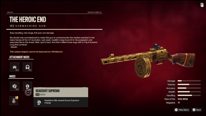 Special features: The Heroic End is a submachine gun that has the following modifications - Far Cry 6: Submachine Guns, Unique weapons - list - Unique weapons - Far Cry 6 Guide