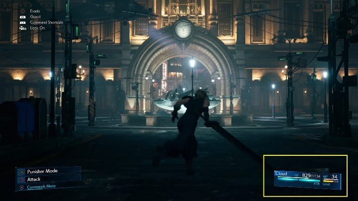 The Limit Break bar is located in the bottom right corner of the screen, marked in yellow - Final Fantasy 7 Remake: Limit Break - Basics - Final Fantasy 7 Remake Guide