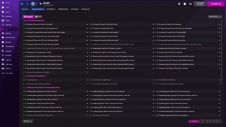 After going to the Staff tab and selecting Responsibilities> Overview, you can see which tasks rest on your shoulders and what tasks have been delegated to other employees - Football Manager 2022: Backroom Staff - Basics - Football Manager 2022 game guide