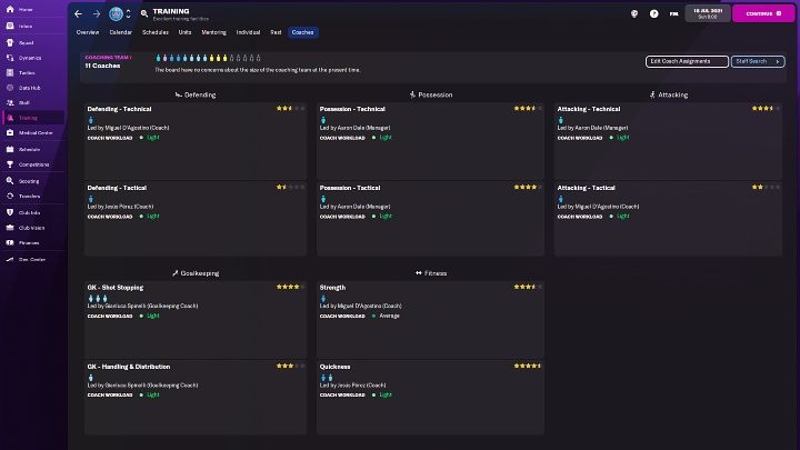 After going to the training> coaches tab, you can check who deals with each training block and what their predispositions are (from 1 to 5 stars) - Football Manager 2022: Backroom Staff - Basics - Football Manager 2022 game guide