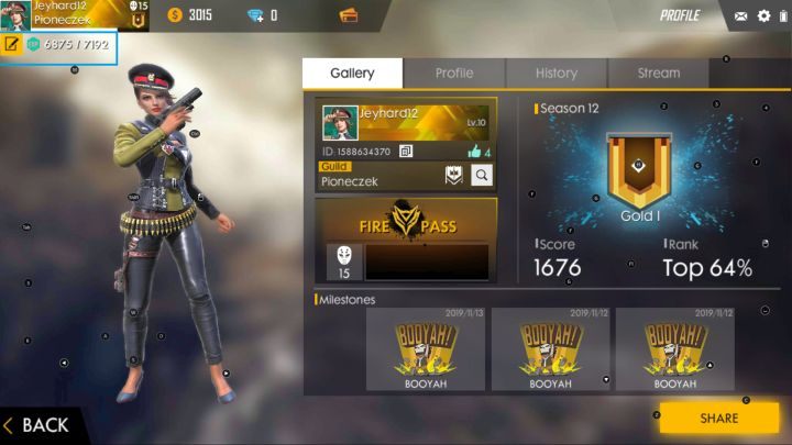 The amount of experience points required to advance to a higher level can be checked in the upper left corner of the screen. - Character development | Garena Free Fire - Basics - Garena Free Fire Guide