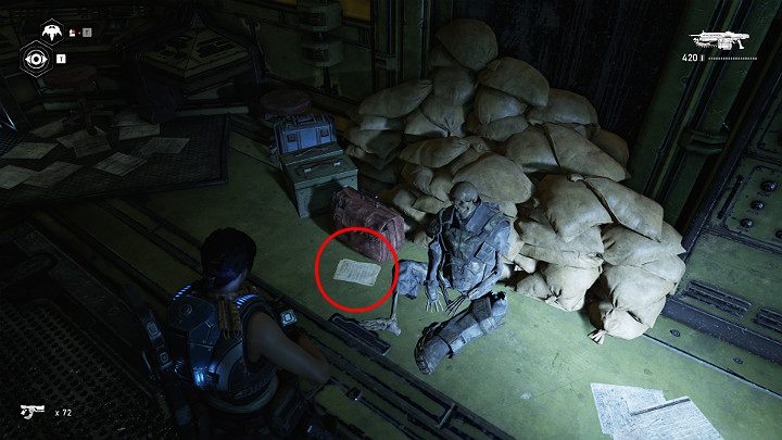 Another collectible is near the corpse of a soldier lying by the wall on the right - Hammer of Dawn command case - Act 3 Chapter 2 - Rocket Plan | Gears 5 Walkthrough - Act III - Gears 5 Guide